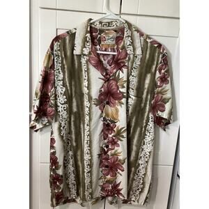 Vintage Hilo Hattie Shirt Mens X-Large Red Blue Hawaiian Floral Aloha Button Up